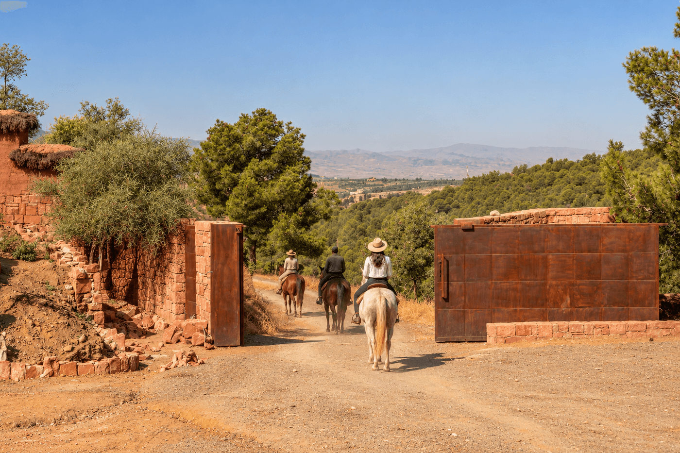 Trois cavaliers vus de dos quittant le domaine Eladâr à cheval par le portail, en direction des paysages de l’Atlas près de Marrakech