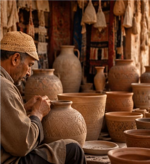 Artisan marocain travaillant une poterie traditionnelle en terre cuite dans un atelier artisanal