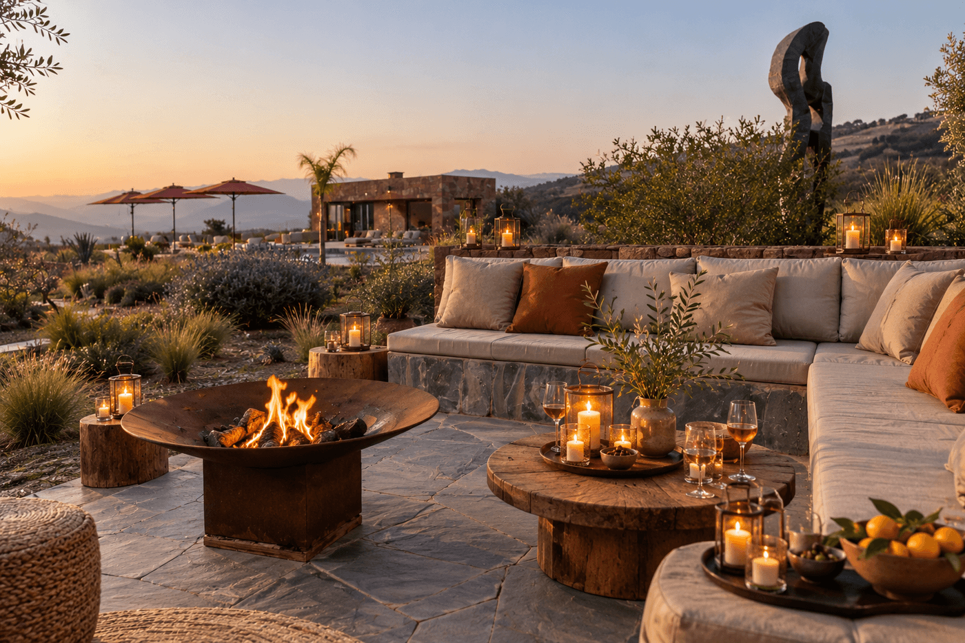 Salon extérieur d’Eladâr avec brasero allumé, canapés et bougies, aménagé pour une soirée privée face aux montagnes de l’Atlas près de Marrakech.