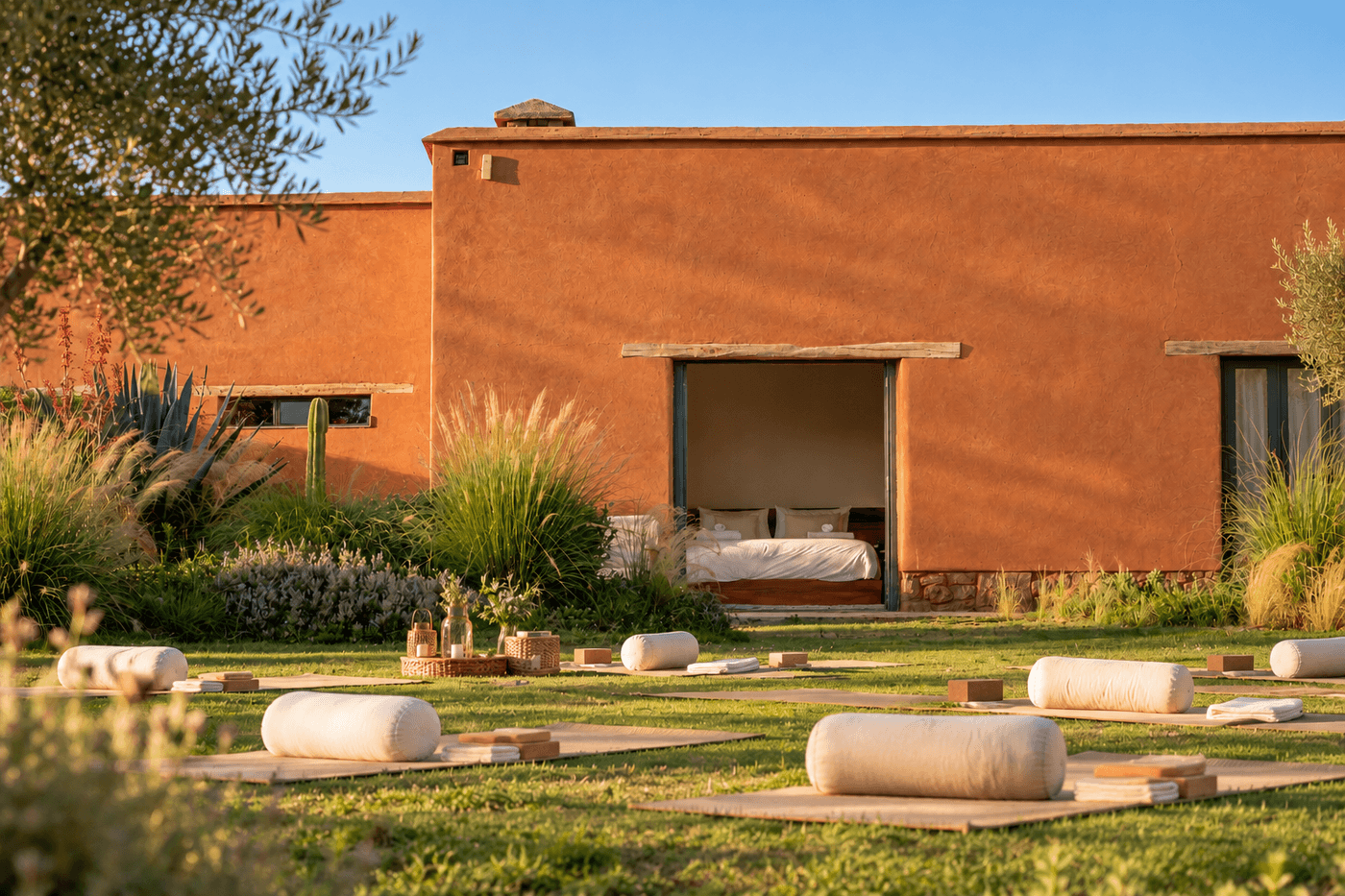 Espace de yoga aménagé dans les jardins d’Eladâr, avec tapis, coussins de méditation et façade en terre rouge, près de Marrakech.