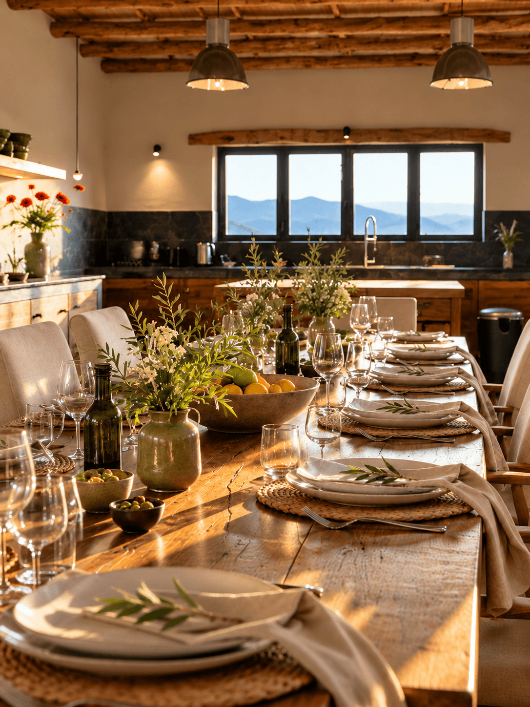 Grande table en bois dressée pour un dîner privé dans la cuisine d’Eladâr, avec vaisselle artisanale, compositions florales et poutres apparentes.
