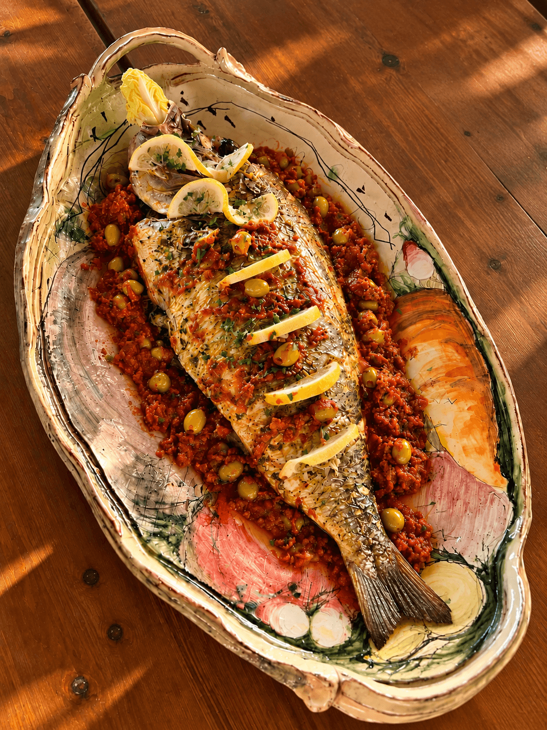 Poisson entier cuisiné à la marocaine, accompagné de citron, olives et sauce tomate, servi à Eladâr près de Marrakech